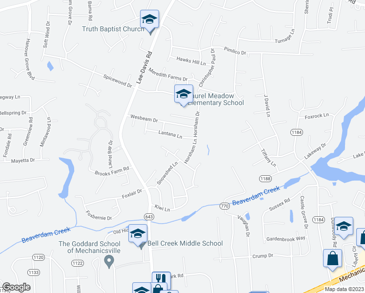 map of restaurants, bars, coffee shops, grocery stores, and more near 7011 Narragansett Court in Mechanicsville