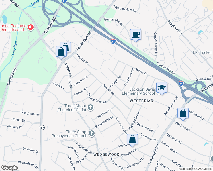 map of restaurants, bars, coffee shops, grocery stores, and more near 2212 Colwyn Road in Richmond
