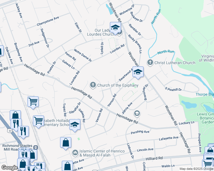 map of restaurants, bars, coffee shops, grocery stores, and more near 8002 Dalmain Drive in Richmond