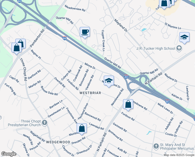 map of restaurants, bars, coffee shops, grocery stores, and more near 2500 Haviland Drive in Henrico