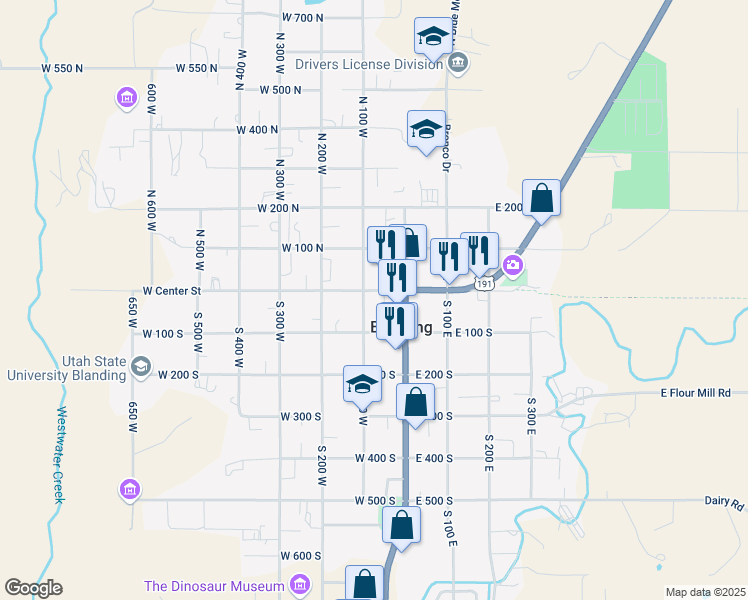 map of restaurants, bars, coffee shops, grocery stores, and more near 50 West 100 South in Blanding
