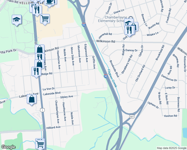 map of restaurants, bars, coffee shops, grocery stores, and more near 7412 Griffin Avenue in Richmond