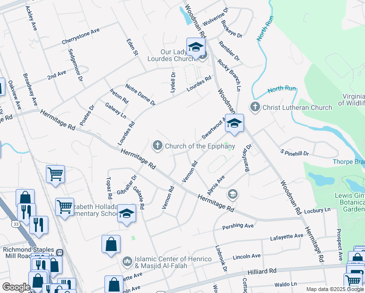 map of restaurants, bars, coffee shops, grocery stores, and more near 8002 Dalmain Drive in Richmond