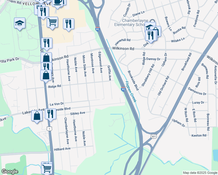 map of restaurants, bars, coffee shops, grocery stores, and more near 7412 Griffin Avenue in Richmond