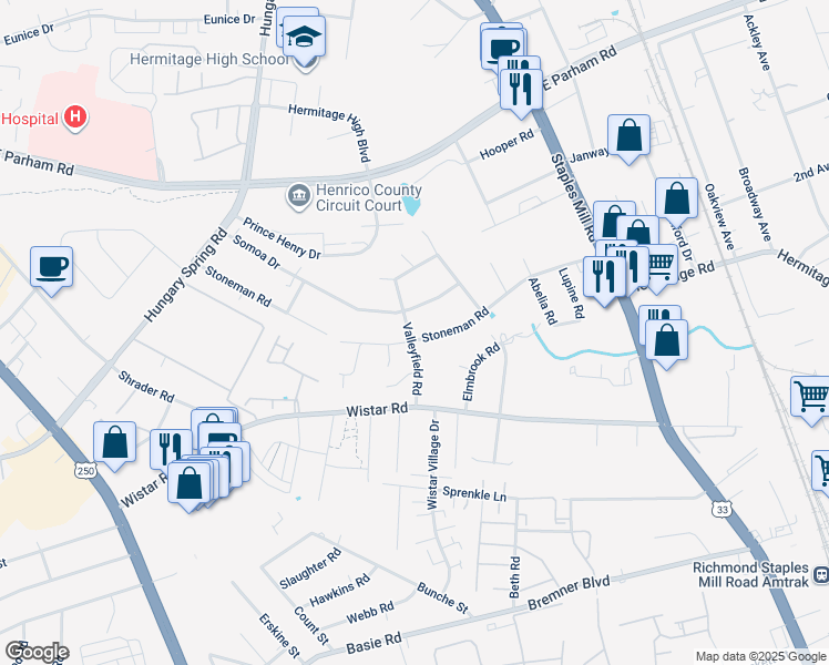 map of restaurants, bars, coffee shops, grocery stores, and more near 7118 Stoneman Road in Richmond