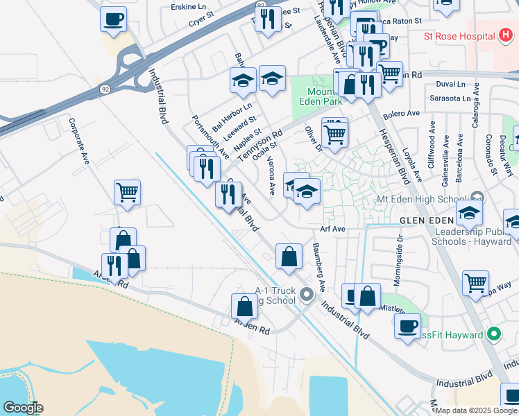 map of restaurants, bars, coffee shops, grocery stores, and more near 27568 Capri Avenue in Hayward