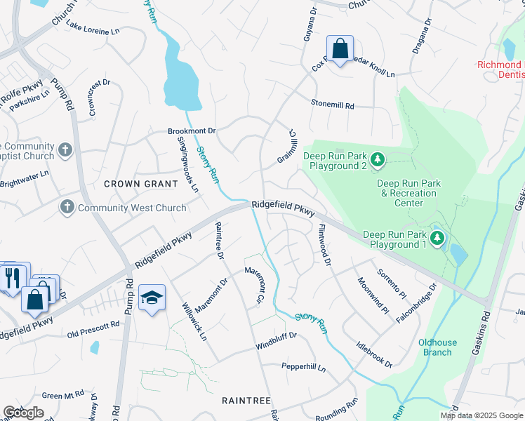map of restaurants, bars, coffee shops, grocery stores, and more near 2024 Rocky Creek Lane in Henrico