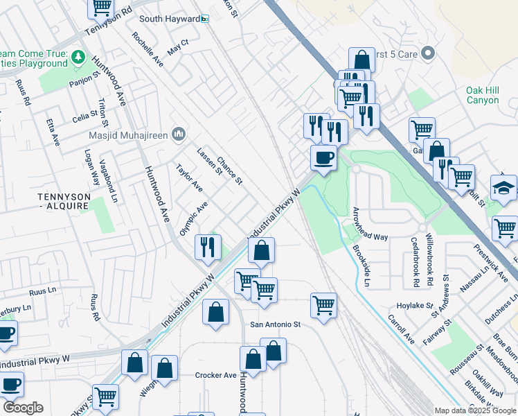 map of restaurants, bars, coffee shops, grocery stores, and more near 100 Boardwalk Way in Hayward