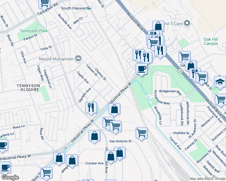 map of restaurants, bars, coffee shops, grocery stores, and more near 100 Boardwalk Way in Hayward