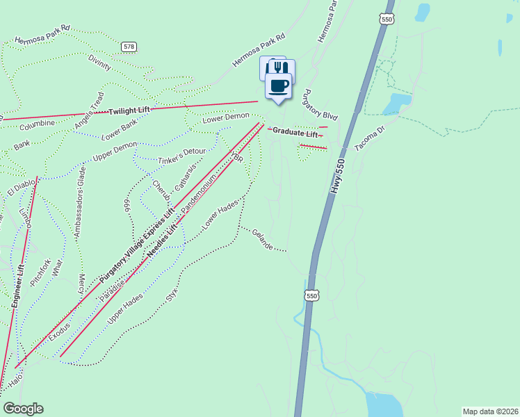 map of restaurants, bars, coffee shops, grocery stores, and more near 159 Double Diamond Drive in Durango