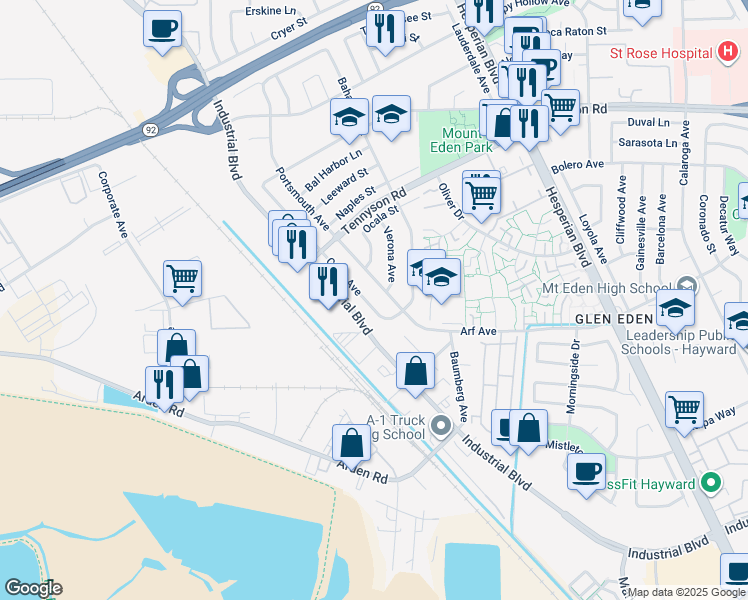 map of restaurants, bars, coffee shops, grocery stores, and more near 27568 Capri Avenue in Hayward