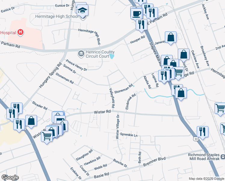map of restaurants, bars, coffee shops, grocery stores, and more near 7118 Stoneman Road in Richmond