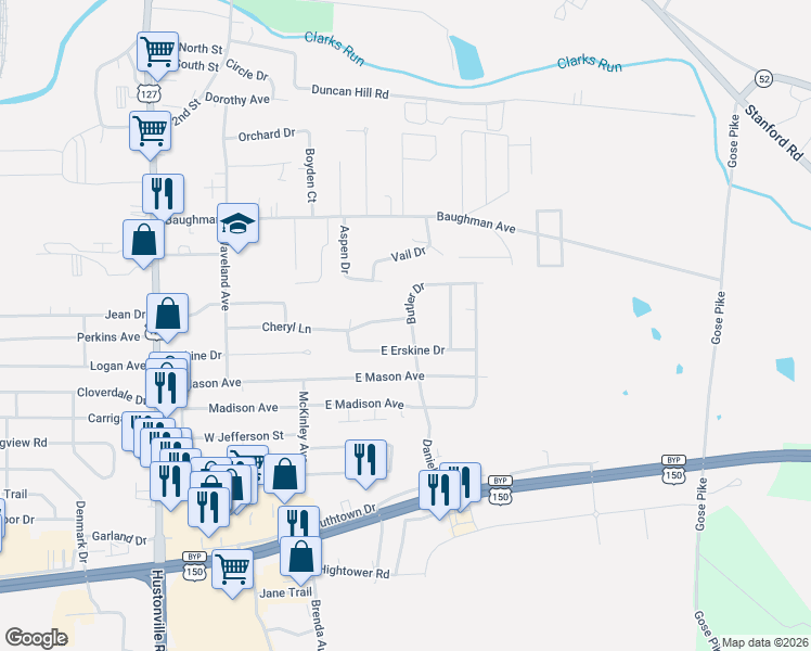 map of restaurants, bars, coffee shops, grocery stores, and more near 153 East Erskine Drive in Danville