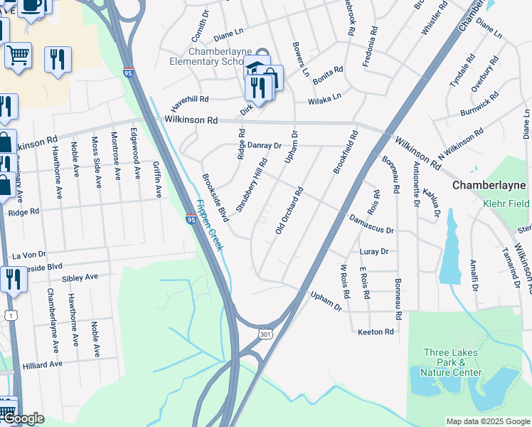 map of restaurants, bars, coffee shops, grocery stores, and more near 5913 Upham Drive in Richmond