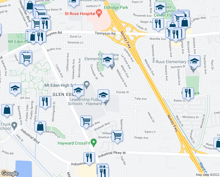 map of restaurants, bars, coffee shops, grocery stores, and more near 2072 Everglade Street in Hayward