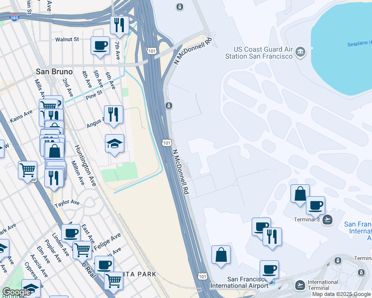 map of restaurants, bars, coffee shops, grocery stores, and more near 710 North McDonnell Road in San Francisco