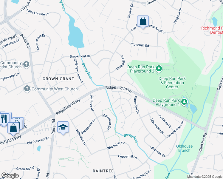 map of restaurants, bars, coffee shops, grocery stores, and more near 2024 Rocky Creek Lane in Henrico