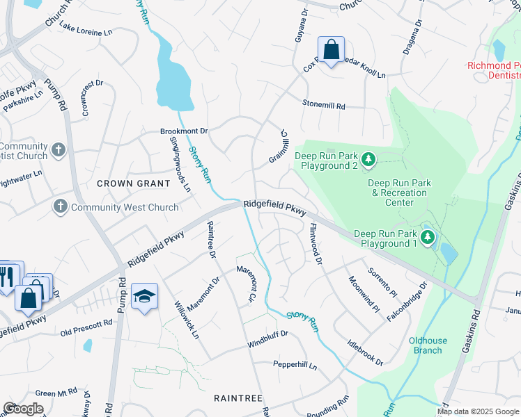 map of restaurants, bars, coffee shops, grocery stores, and more near 2008 Rocky Creek Lane in Richmond