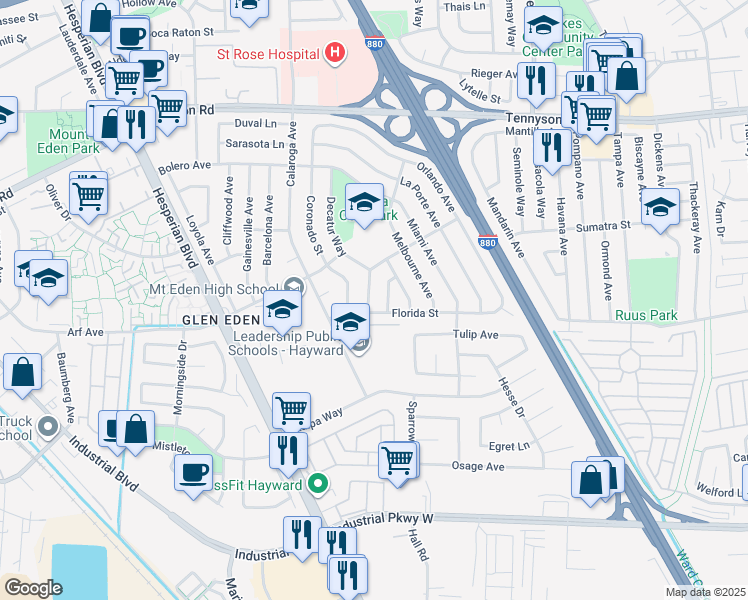 map of restaurants, bars, coffee shops, grocery stores, and more near 2072 Everglade Street in Hayward
