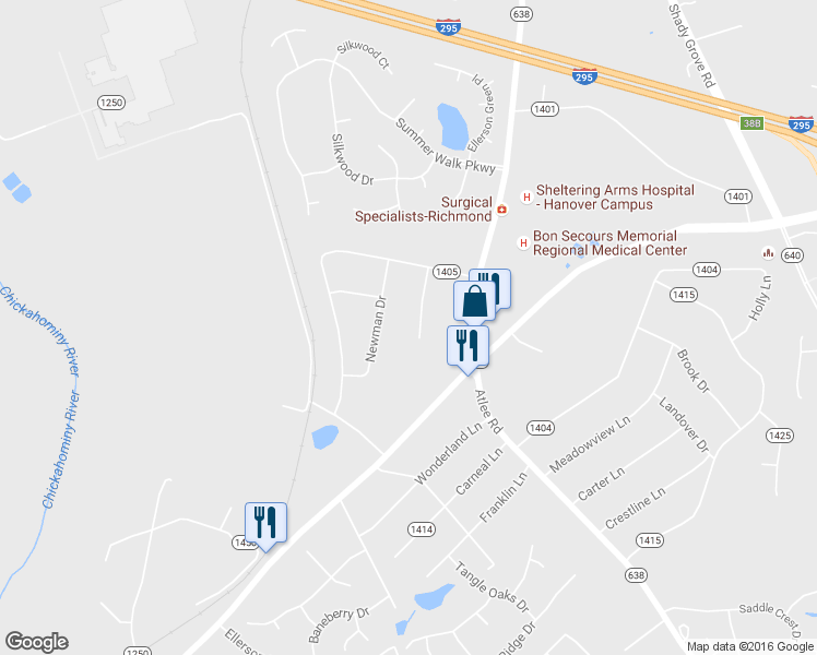 map of restaurants, bars, coffee shops, grocery stores, and more near 8153 Burnside Court in Mechanicsville