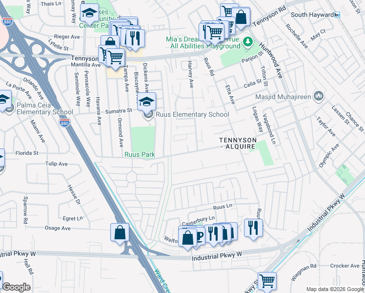 map of restaurants, bars, coffee shops, grocery stores, and more near 1286 Folsom Avenue in Hayward