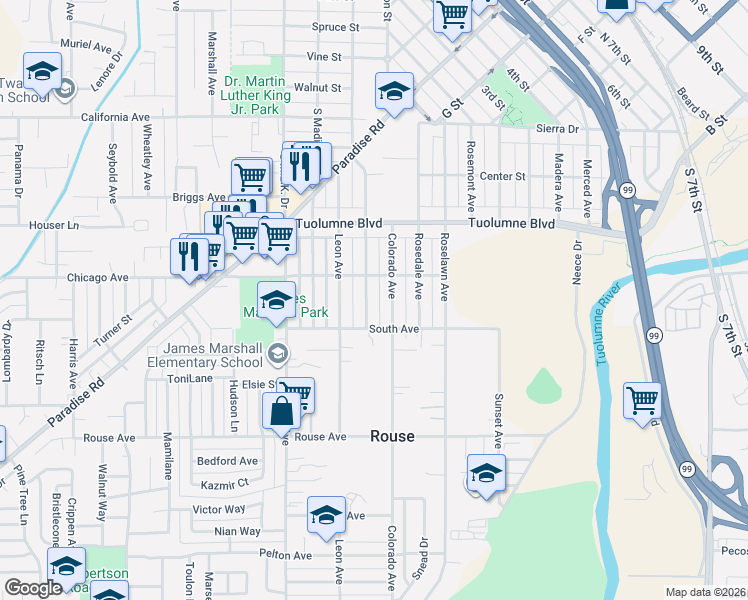map of restaurants, bars, coffee shops, grocery stores, and more near 441 Yosemite Avenue in Modesto
