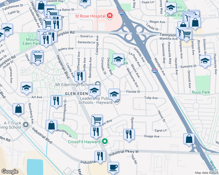 map of restaurants, bars, coffee shops, grocery stores, and more near 2168 Keys Place in Hayward