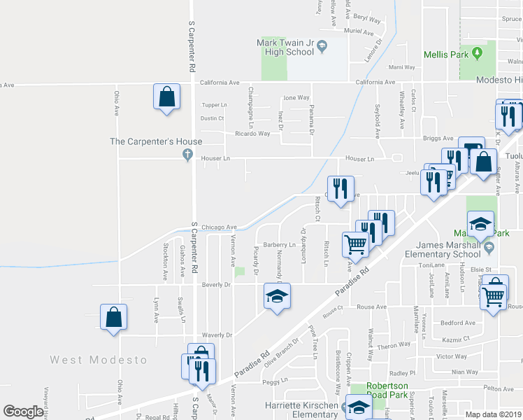 map of restaurants, bars, coffee shops, grocery stores, and more near 1225 Chicago Avenue in Modesto