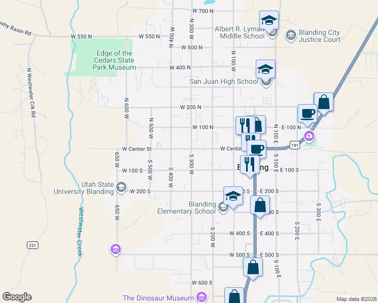 map of restaurants, bars, coffee shops, grocery stores, and more near 8 South 300 West in Blanding