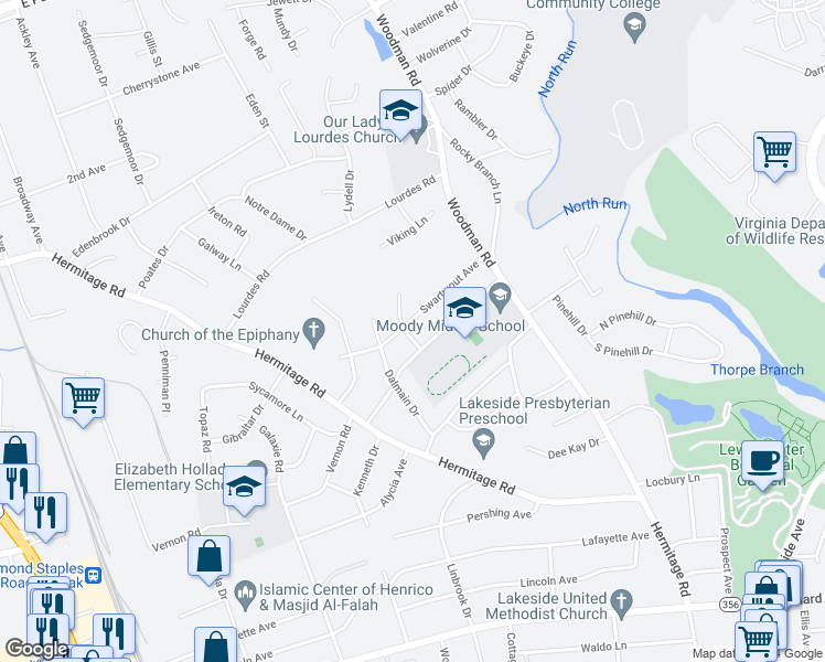 map of restaurants, bars, coffee shops, grocery stores, and more near 7905 Waddill Drive in Richmond