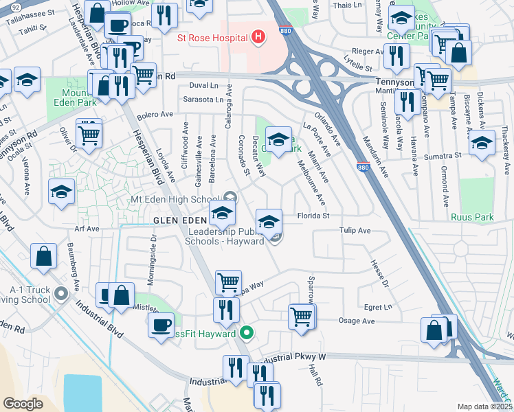 map of restaurants, bars, coffee shops, grocery stores, and more near 2168 Keys Place in Hayward