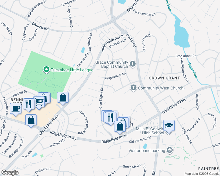 map of restaurants, bars, coffee shops, grocery stores, and more near 12409 Courtyard Lane in Richmond