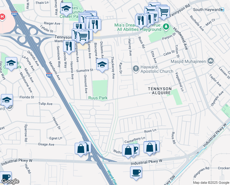 map of restaurants, bars, coffee shops, grocery stores, and more near 1189 Boulder Creek Drive in Hayward