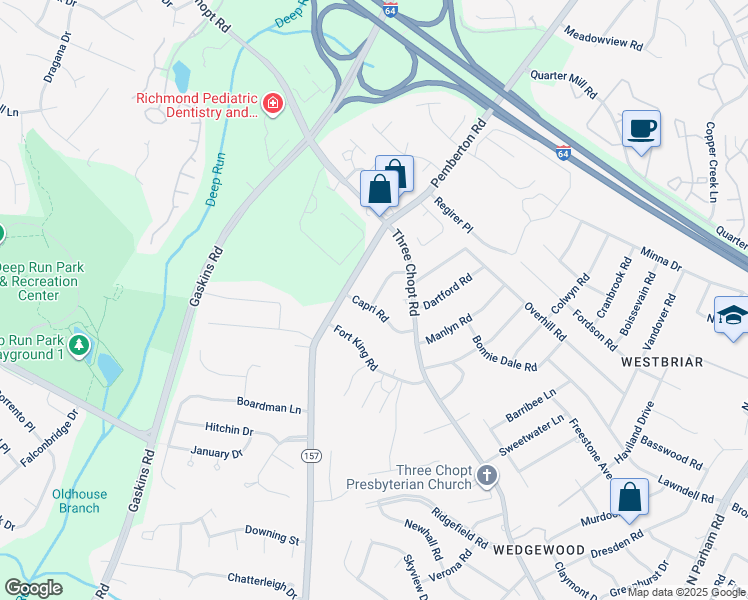 map of restaurants, bars, coffee shops, grocery stores, and more near 2100 Bambacus Road in Henrico