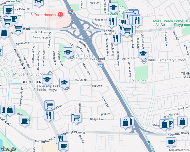 map of restaurants, bars, coffee shops, grocery stores, and more near 27800 La Porte Avenue in Hayward