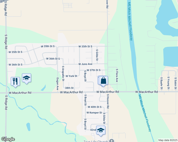 map of restaurants, bars, coffee shops, grocery stores, and more near 5898 West 37th Street South in Wichita