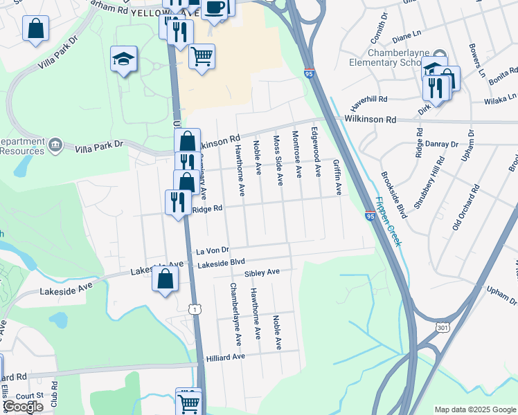 map of restaurants, bars, coffee shops, grocery stores, and more near 7414 Noble Avenue in Richmond