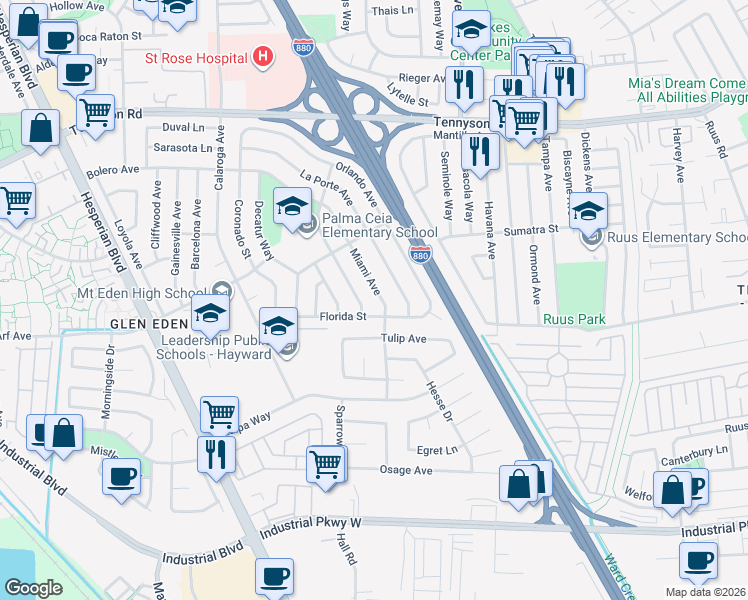 map of restaurants, bars, coffee shops, grocery stores, and more near 27831 Miami Avenue in Hayward