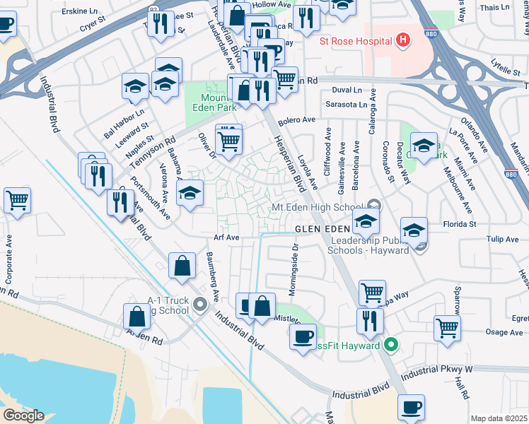 map of restaurants, bars, coffee shops, grocery stores, and more near 27521 Stromberg Court in Hayward