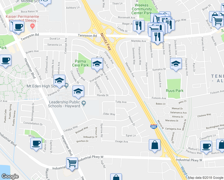 map of restaurants, bars, coffee shops, grocery stores, and more near 27831 Miami Avenue in Hayward