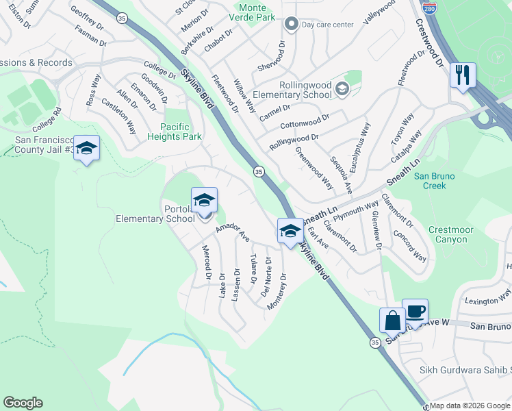 map of restaurants, bars, coffee shops, grocery stores, and more near 100 Alameda Place in San Bruno