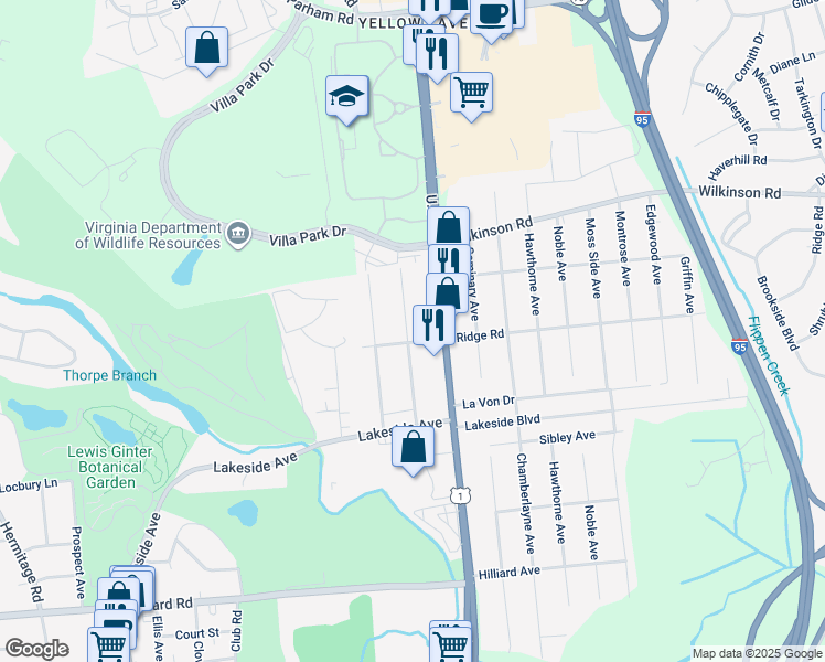 map of restaurants, bars, coffee shops, grocery stores, and more near 7503 Wentworth Avenue in Richmond