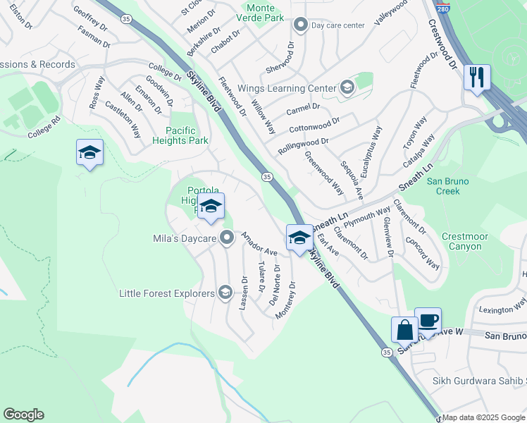 map of restaurants, bars, coffee shops, grocery stores, and more near 100 Alameda Place in San Bruno