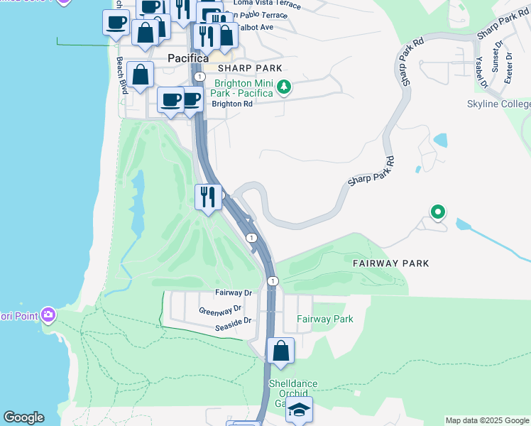 map of restaurants, bars, coffee shops, grocery stores, and more near 720-770 Sharp Park Rd in Pacifica