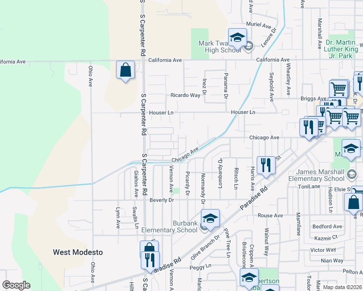 map of restaurants, bars, coffee shops, grocery stores, and more near 1200 South Carpenter Road in Modesto
