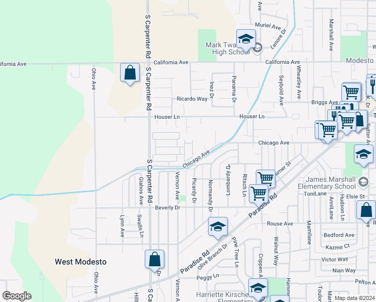 map of restaurants, bars, coffee shops, grocery stores, and more near 1200 South Carpenter Road in Modesto