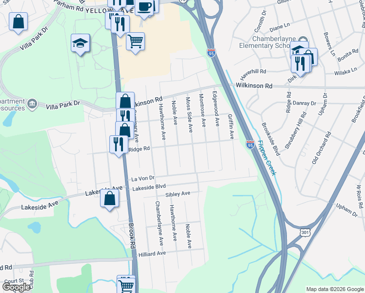 map of restaurants, bars, coffee shops, grocery stores, and more near 7504 Moss Side Avenue in Richmond
