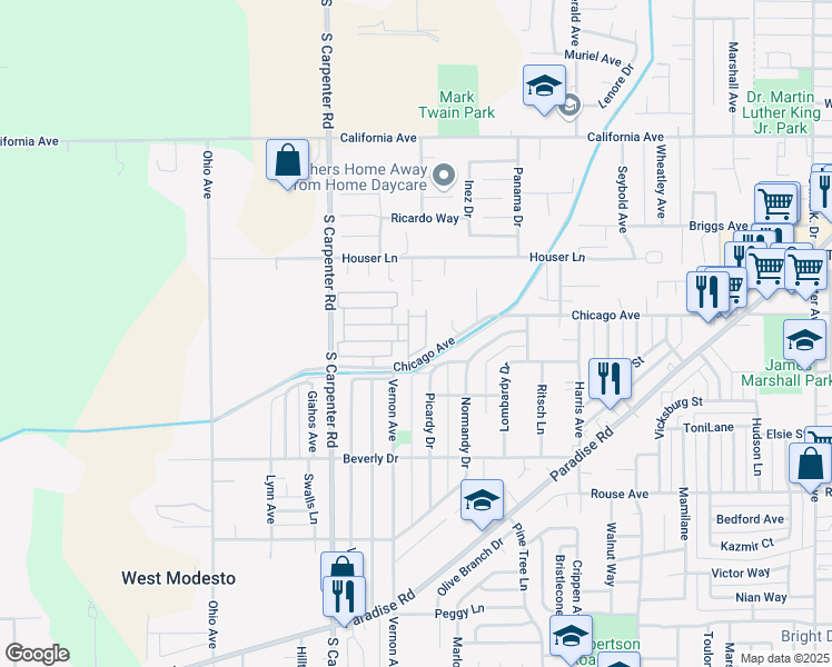 map of restaurants, bars, coffee shops, grocery stores, and more near 1200 South Carpenter Road in Modesto