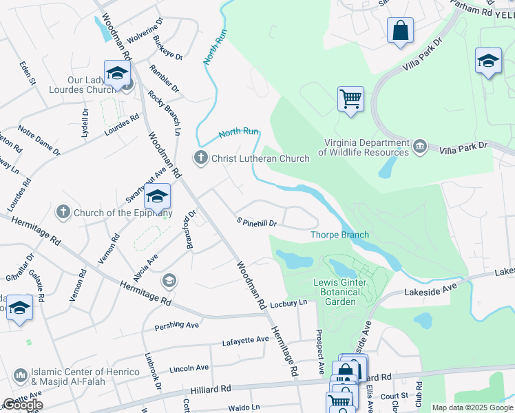 map of restaurants, bars, coffee shops, grocery stores, and more near 7612 North Pinehill Drive in Henrico