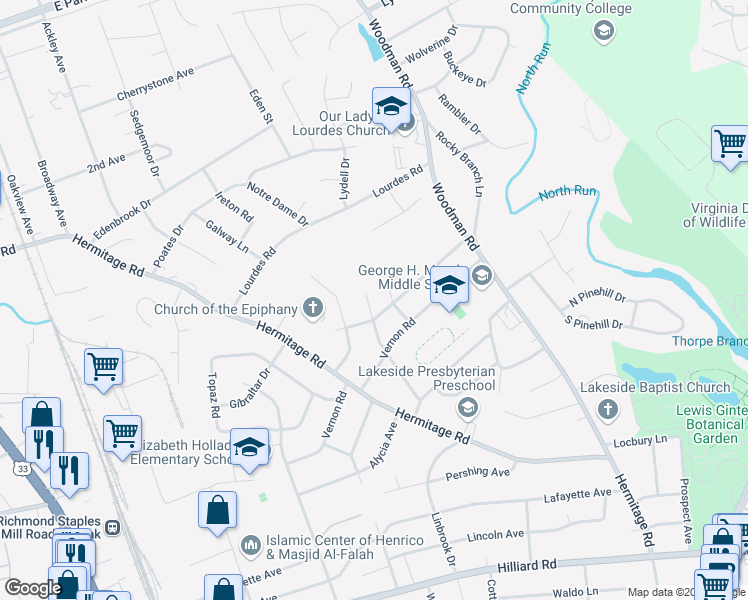 map of restaurants, bars, coffee shops, grocery stores, and more near 8003 Dalmain Drive in Richmond